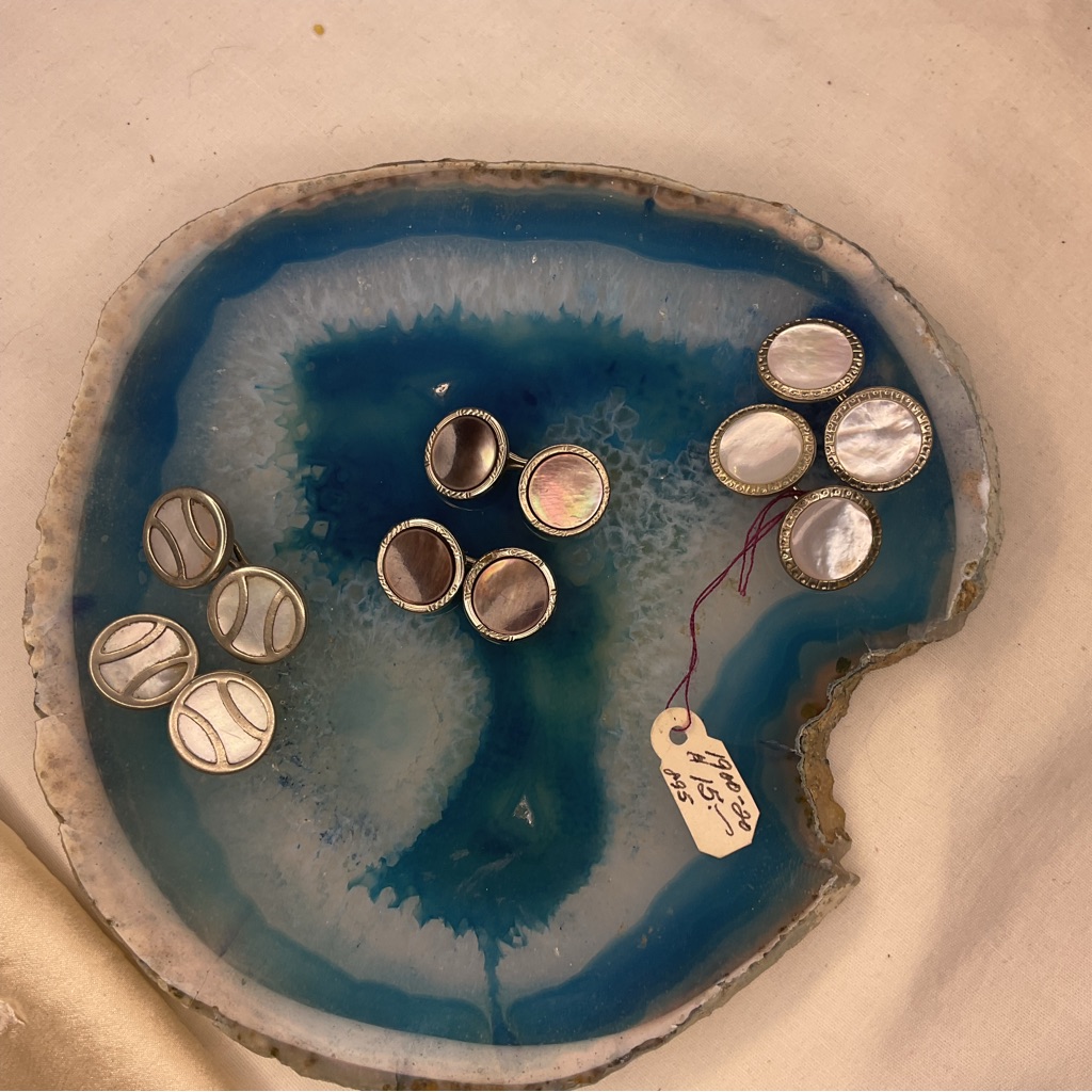 Antique 1900 Silver Chain Mother Of Pearl Cuff Links Three Sets Of Two 6 Pieces 45$